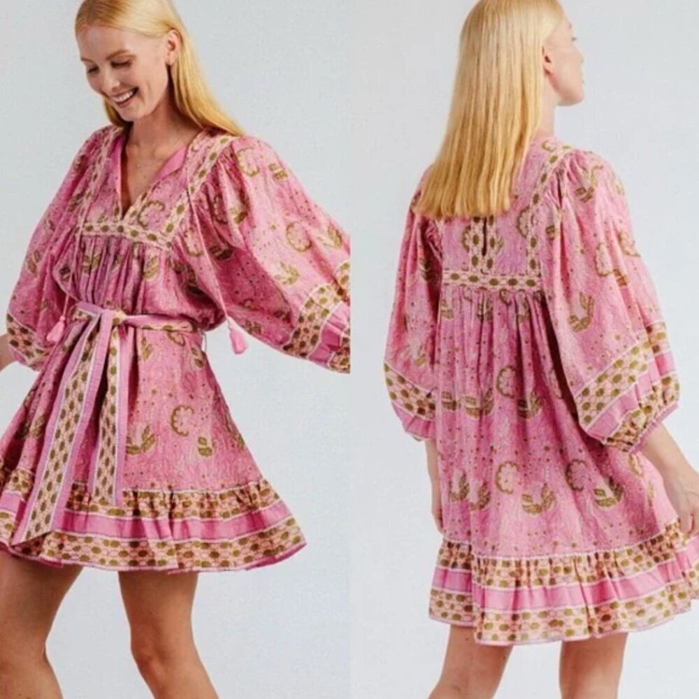 Cleobella Magdalena Mini Dress Wildflower Pink Cotton Boho Size M